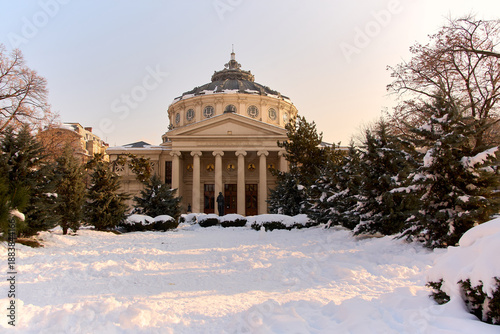 Romanian Athenaeum in winter landscape in Bucharest