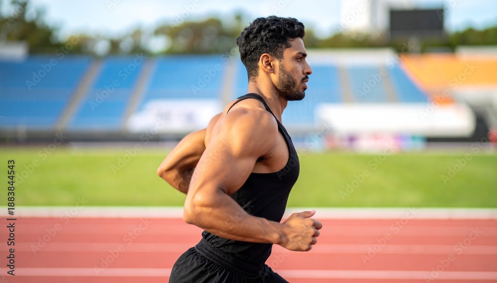 Obraz premium Side view of a muscular male athlete sprinting on a running track, showing strength, speed, and discipline, perfect for fitness, endurance training, sports performance, motivation, healthy lifestyle