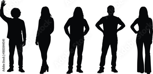 Silhouettes of five people standing against a white background Keywords: silhouettes, people, figures, standing, men, women