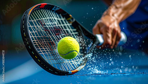 Close-up of a tennis racket striking a ball with powerful impact, strings bending and particles flying, capturing speed, precision, and energy, ideal for sports action, competition, performance