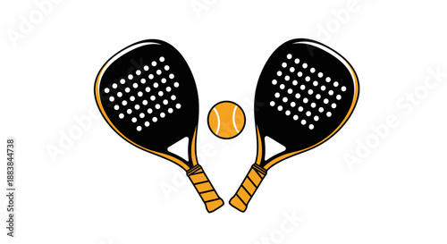 Two black and yellow pickleball rackets with a ball between them.