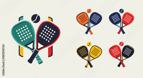 Colorful Paddle Rackets and Balls for Pickleball and Paddleball Games.