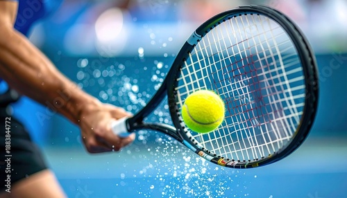 Close-up of a tennis racket striking a ball with powerful impact, strings bending and particles flying, capturing speed, precision, and energy, ideal for sports action, competition, performance