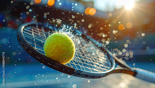 Close-up of a tennis racket striking a ball with powerful impact, strings bending and particles flying, capturing speed, precision, and energy, ideal for sports action, competition, performance