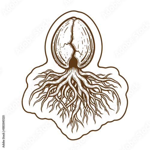 Drawing Vintage grunge  texture brown illustration of a seed with roots growing out  plant development