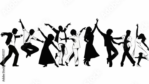 Diverse group of people dancing energetically in silhouette.