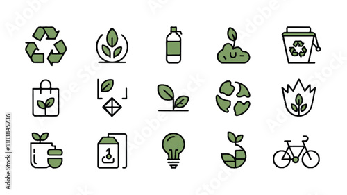 Set of vector icons for eco-friendly practices and green energy, orange on white. Leaf, recycle, planet, nature.