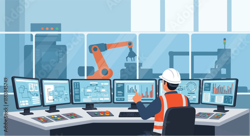 Industrial control room with a worker monitoring a robotic arm and complex data on multiple screens