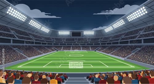 Vast Football Stadium with Packed Seating Under Floodlights at Night, Ready for a Grand Match