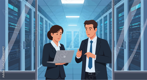 Business professionals collaborating on secure data center operations, discussing network infrastructure, and optimizing IT systems in a high-tech server room environment