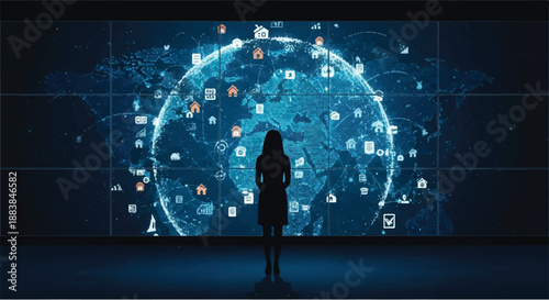 A visionary woman stands before a vibrant digital globe, symbolizing the interconnectedness of global networks, data exchange, and the expansive reach of future technology