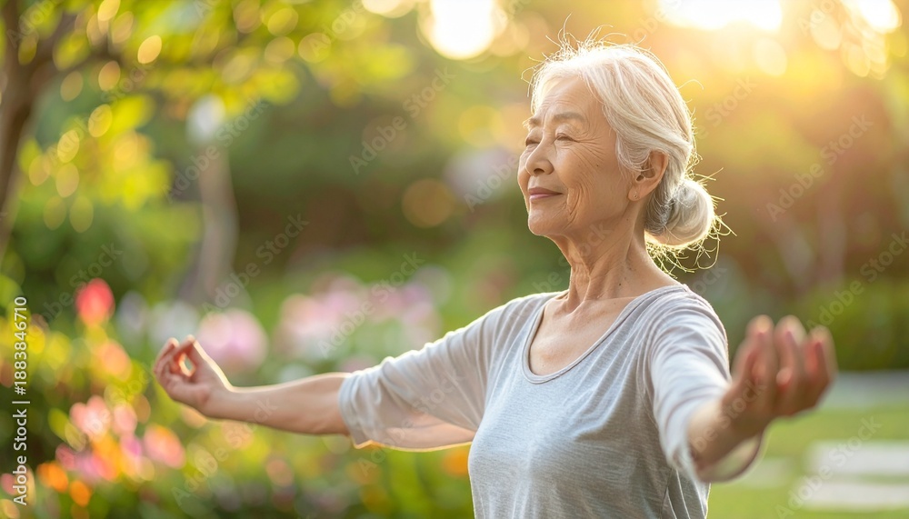 Fototapeta premium Senior woman practicing gentle yoga and meditation in a peaceful garden during morning light, symbolizing active aging, mindfulness, inner peace, mental wellness, healthy lifestyle, relaxation