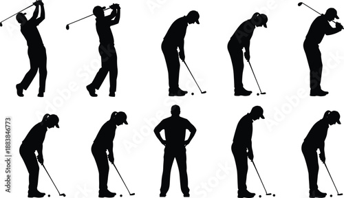 Collection, of, black, golf, player, silhouettes, featuring, men, and, women, in, various, swing, putting, and, standing, poses, for, sports, design.