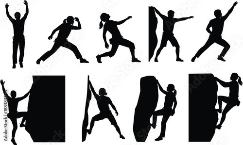 Collection, of, black, rock, climbing, silhouettes, featuring, men, and, women, bouldering, on, cliffs, for, extreme, sports, adventure, and, outdoor, design.