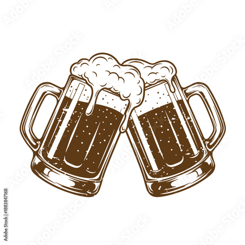 Drawing Vintage grunge  texture Two beer mugs clinking together with frothy foam on top isolated on white background
