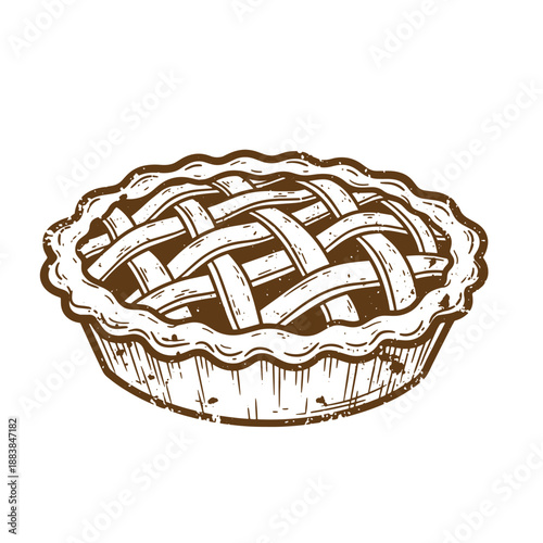 Drawing Vintage grunge  texture Brown pie with woven crust on white background  delicious dessert illustration