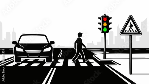 Man crossing street at pedestrian crossing with car and traffic light.