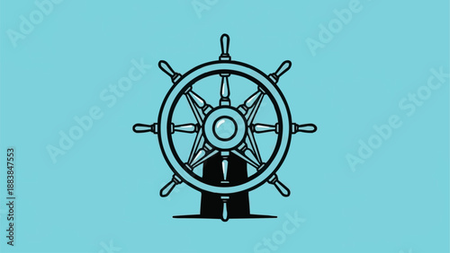 Man in Suit Steering Ship Wheel Nautical Concept.