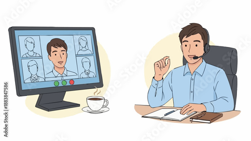 Man participating in a video conference call from his desk.