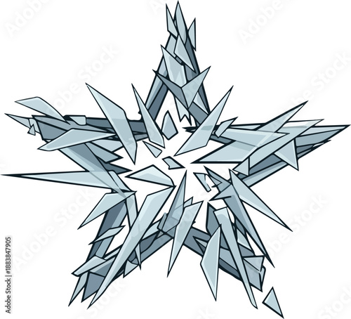 Intricate illustration of a shimmering star formed from sharp, fragmented ice shards, evoking winter's frosty elegance and unique crystalline beauty