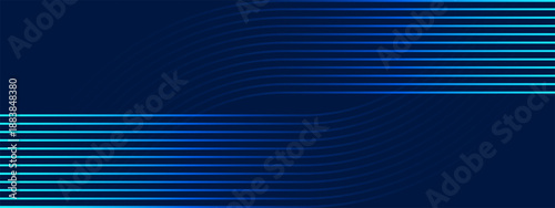 Dark blue abstract background with flowing horizontal neon lines and smooth wave motion, creating a futuristic and high tech visual for digital and corporate design.