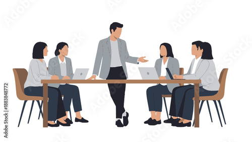 Business meeting: Diverse team collaborating around a table, led by a presenter.