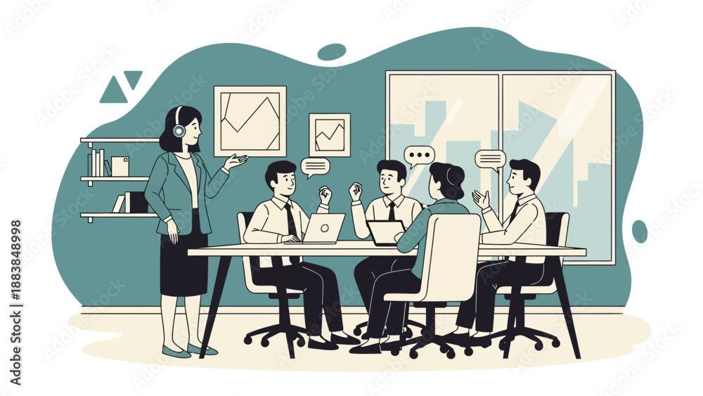 Fototapeta premium Business Meeting Illustration: Team Collaboration in Modern Office