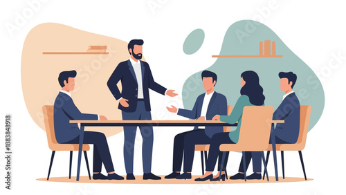 Business Meeting Illustration: Team Collaboration and Discussion Around a Table