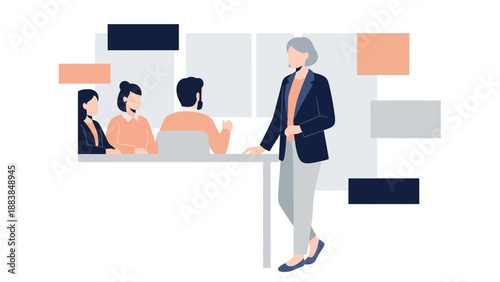 Business meeting illustration: team collaboration and presentation with female leader