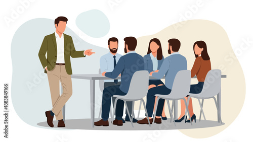 Business Meeting: Leader Presents Ideas to Diverse Team Around Table