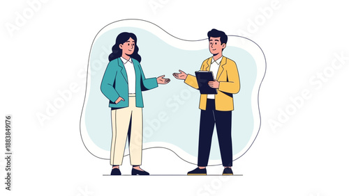 Business Meeting: Two Colleagues Discussing Project on Clipboard