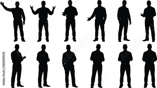 Collection, of, black, silhouettes, featuring, diverse, men, in, various, standing, poses, and, expressive, hand, gestures, for, business, and, presentation.