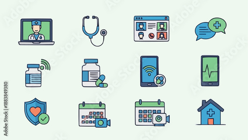 Medical healthcare icons set for digital health and telemedicine services.