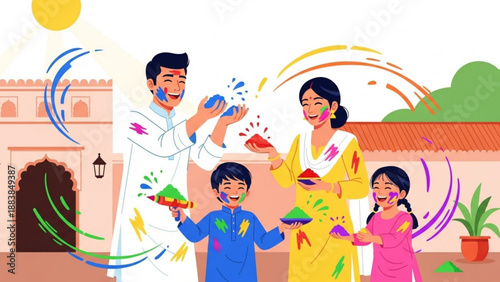 Happy Indian family celebrating Holi festival with colorful powders joyful outdoor scene with traditional attire and vibrant celebration perfect for cultural events and greetings