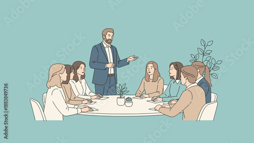Business meeting with diverse team around a table, discussing ideas