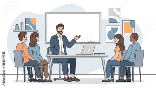 Business meeting with diverse team and male presenter in modern office setting