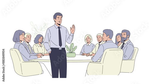 Business meeting with diverse team presenting ideas around a conference table
