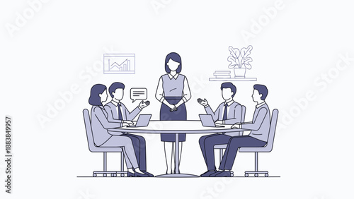 Business meeting with female leader presenting ideas to team around table