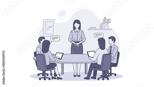 Business meeting with female leader presenting to team in modern office