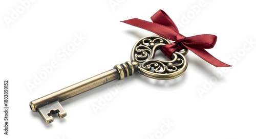 Vintage key with red ribbon tied ornately isolated on white