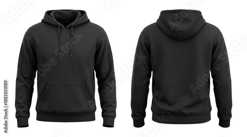 Very standard model blank black pullover hoodie front and back view, for mockup. Isolated on transparent background.