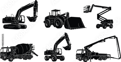 Collection, of, black, silhouettes, featuring, excavators, a, bulldozer, concrete, mixer, pump, truck, and, cherry, picker, for, industrial, construction, and, engineering.