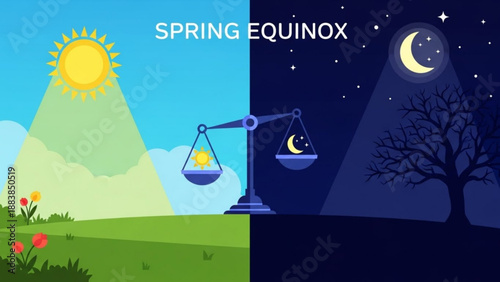 Spring Equinox illustration showing equal day and night on a balance scale with sun and moon symbols representing seasonal change and balance