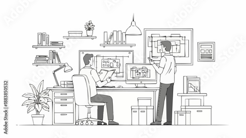 Two architects collaborating on blueprints at a desk in an office.