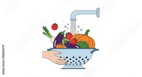 Hands holding a colander filled with fresh vegetables being washed under running water from a tap in the kitchen.