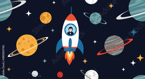 A seamless outer space pattern for kids with a person in a rocket ship exploring a universe of stars and planets.