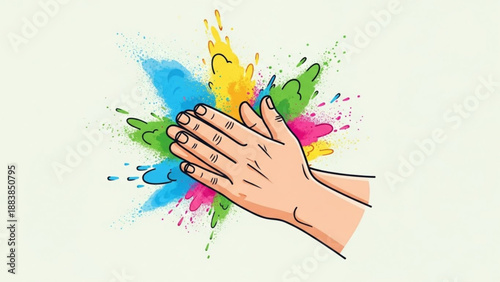 Hands clapping with colorful powder explosion celebrating festival or event vibrant Holi powder splash for design