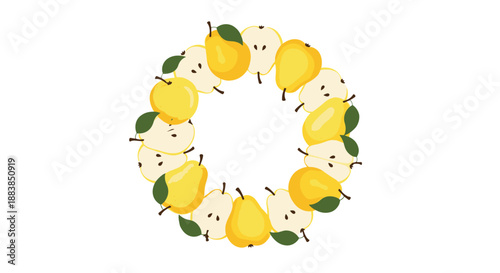 A circular frame or wreath made of fresh yellow pears and pear slices with green leaves isolated on a white background.