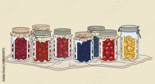 A rustic hand-drawn illustration of several glass jars filled with preserved berries and fruits like jam or compote.