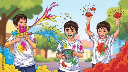 Three boys celebrating Holi festival with colorful powder and water guns joyful outdoor activity for kids vibrant illustration for Indian culture and traditions